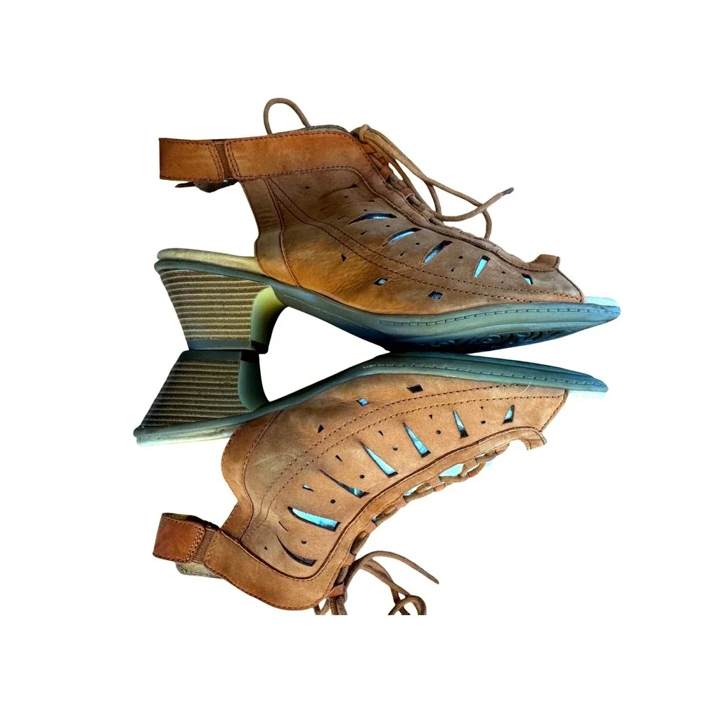 Earth Lace Up Nubuck Leather Boho Festival Cutout Peep Toe Brown Bootie Sandals